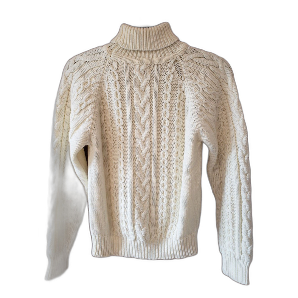 Van Heusen Aran Style Turtleneck Sweater Cream Cable Knit Preppy S VTG 80s READ